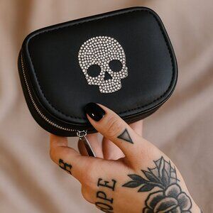 Rhinestone Skull Travel Jewelry Case – Black Vegan Leather – Rocker Glam
